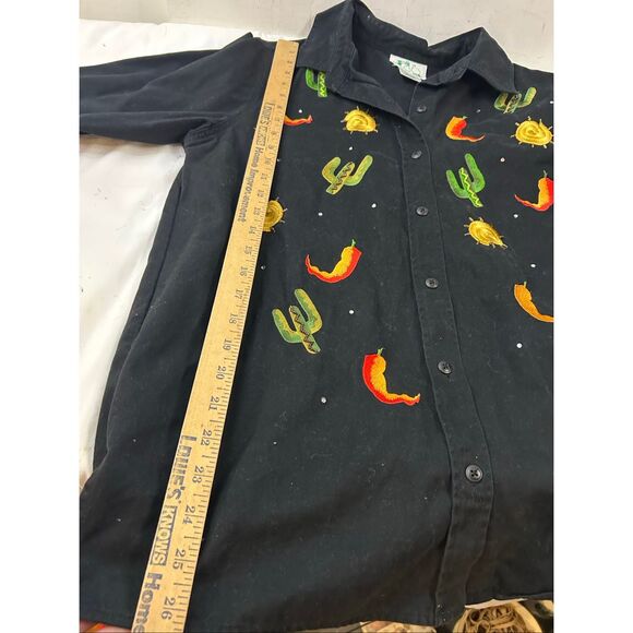 QVC Quaker Factory flannel shirt small S Hong Kong Cactus Peppers Buttons Black - Picture 8 of 8